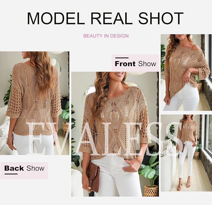 EVALESS Womens Crochet Hollow Out Knit Tops Half Sleeve Spring Summer Sweaters Beach Cover Ups for Women Trendy 2026