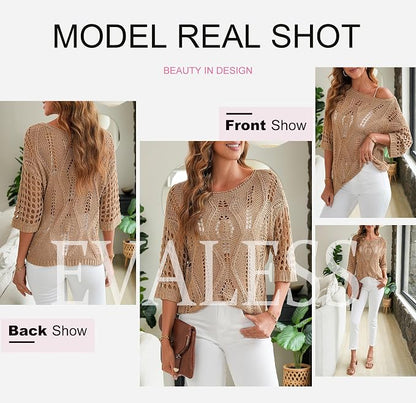 EVALESS Womens Crochet Hollow Out Knit Tops Half Sleeve Spring Summer Sweaters Beach Cover Ups for Women Trendy 2026