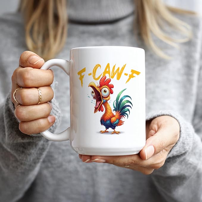 F-Caw-F Coffee Mug, Fun Coffee Mugs, Funny Cups, Fcawf, F Caw F, Funny Cups for Adults, 15 oz Ceramic Fcawf Chicken, Hidden Message, Adult Humor Gag Gift, White Elephant Gift
