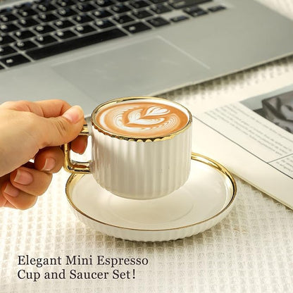 LETAOTAO Espresso Cups Set of 4, 3oz Espresso Cups and Saucers | Ceramic Coffee Cups with Gold Trim, Stackable Mini Demitasse Mugs for Espresso, Cappuccino,Latte, Americano and Tea