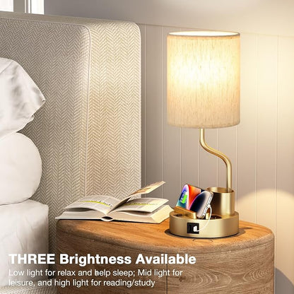 Fenmzee Bedside Lamps for Bedroom Set of 2 - Table Desk Lamp for Nightstand | 15" Table Lamp for Living Room with Pen Holder & Phone Stand, USB A+C Port, AC Outlet, 3 Color Temperature, LED Bulb Included