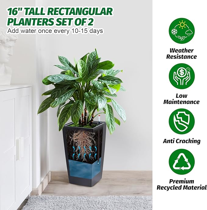 GarveeLife 16 in Tall Planters Set of 2, Outdoor＆Indoor Black Planter Pots, High Front Porch Planter Pots with Drainage Holes＆Water Level Monitor＆Inner Bucket, Automatic Watering,Black