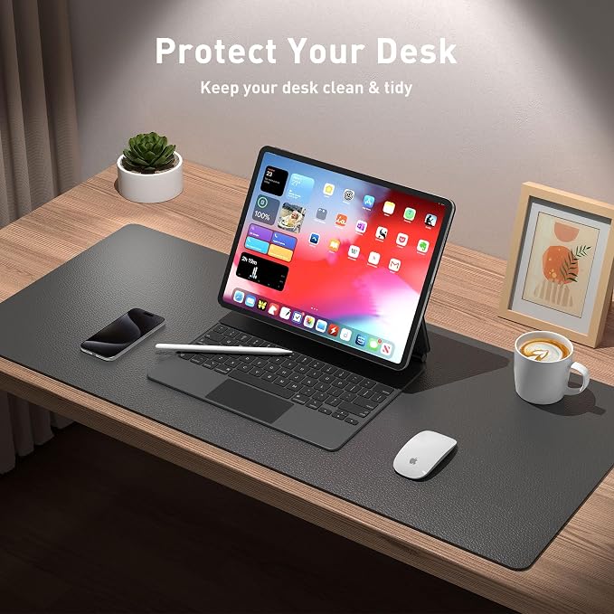 Aothia Leather Desk Pad Protector, Mouse Pad, Office Desk Mat, Non-Slip PU Leather Desk Blotter, Laptop Desk Pad, Waterproof Desk Writing Pad for Office and Home (48"x17", Gray)