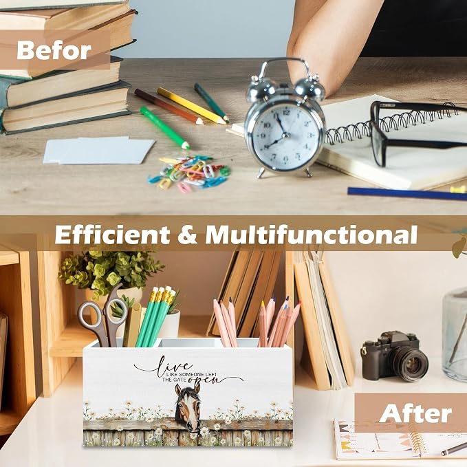 DILSJ Inspirational Horse Pen Pencil Holder Organizer for Desk, Horse Gifts for Women, Live Like Someone Left The Gate Open Wooden Box Signs for Home Office Desk Tabletop Decoration