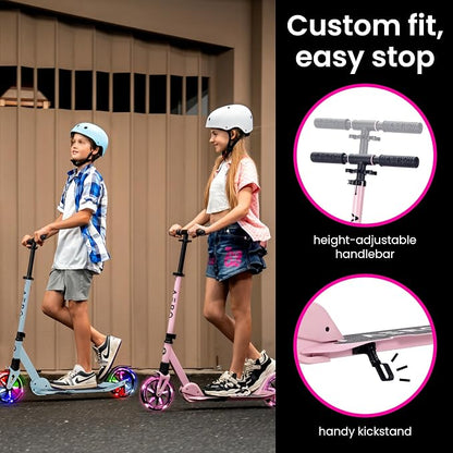 AERO MOBILITY Kick Scooter for Kids 6+, Teens & Adults | Light Up Wheels, Hand Brake, Rubber Deck Mat & Shock Absorption | Foldable & Height Adjustable