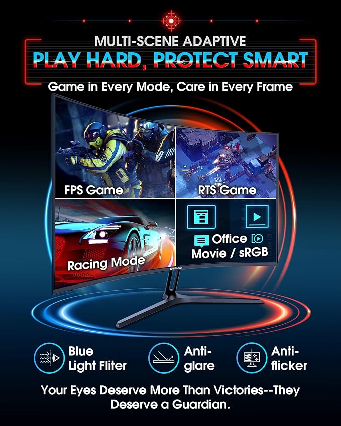 SANSUI 27 Inch Curved 240Hz Gaming Monitor FHD 1080P, 1500R Curve Computer Monitor, 130% sRGB, 4000:1 Contrast, HDR, FreeSync, MPRT 1Ms, Low Blue Light, HDMI DP Ports, Metal Stand, Cable Incl.