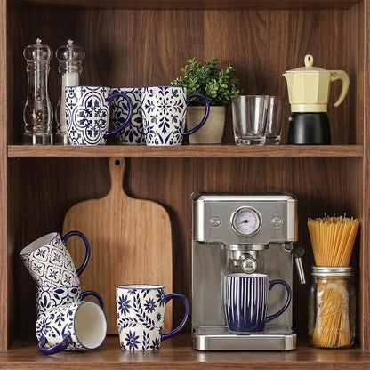 glowworm Ceramic Coffee Mugs, 16 Ounce Coffee Cups with Handle, Blue&White | Prefect for Cappuccino, Milk , Hot Cocoa, Tea, Vintage Coffee Mug for Kitchen, Dishwasher & Microwave Safe, Set of 6
