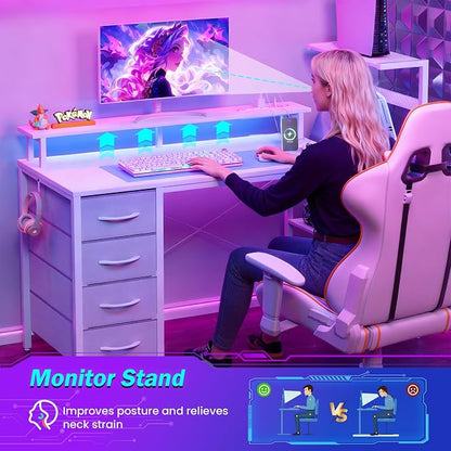 59 Inch Gaming Desk with Drawers & PC Tower Stand & LED Lights, White | Reversible, Monitor Shelf, Power Outlets, Carbon Fiber, Mesa Gamer, Computer Desk with Storage, Gaming Table for Home Office