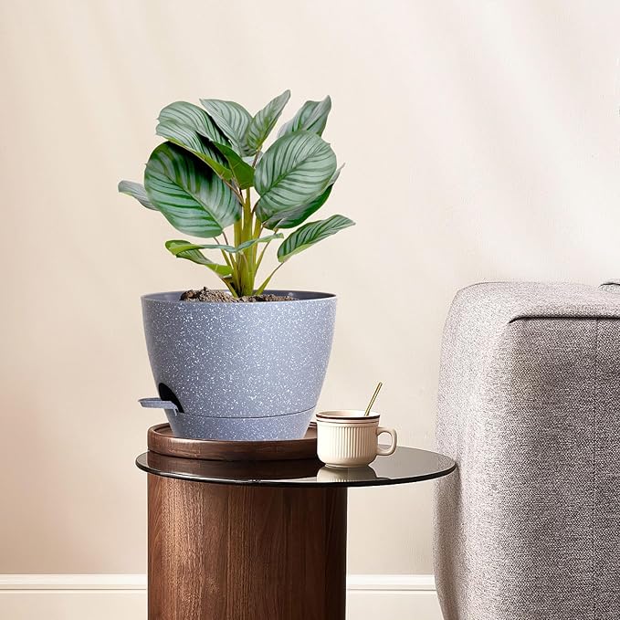 10 inch Self Watering Pots, Planter, Plant Pots with Mesh Drainage Holes for Indoor Outdoor House Plants and Garden, Set of 2 Plastic Flower Pots with Deep Reservoir, Speckled Grey
