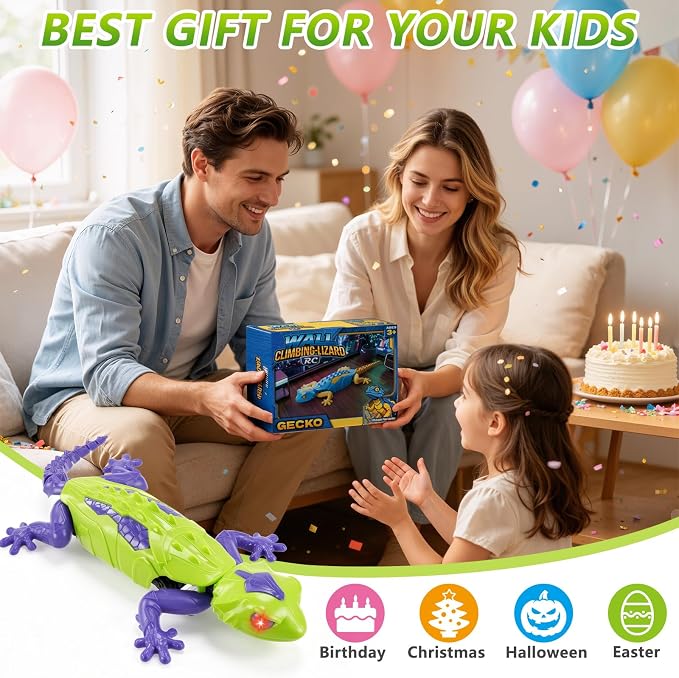 RC Wall Climbing Gecko, Rechargeable Remote Control Lizard Robot for Kids | 360° Rotating Wall Crawler Toy with LED Eyes, RC Stunt Car Toy Birthday Christmas Gift for 3-12 Year Old Boys Girls