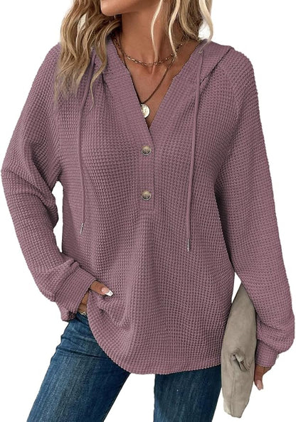 Dokotoo Hoodies for Women Waffle Knit Long Sleeve Drawstring Button V Neck Casual Sweatshirt Hooded Tops Fashion Clothing