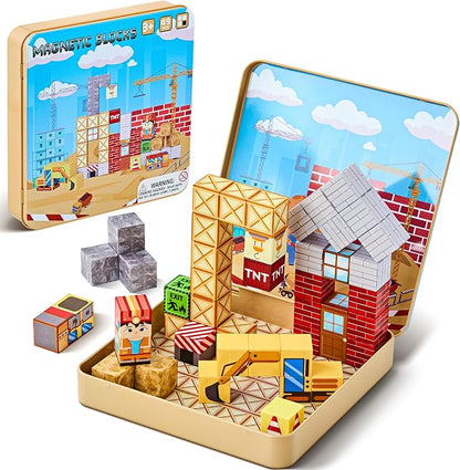 49PCS Magnetic Blocks with Iron Storage Box, Magnetic Cubes Tiles, STEM Educational Stacking Magnets Travel Toys for Kid Ages 3 4 5 6 7 8 9 10 11 Birthday Party Supplies Gifts for Boys Girls