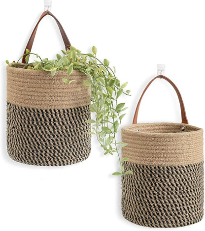 Goodpick 2pack Jute Rope Hanging Basket - 7.87" x 7" Small Woven Fern Wall Hanging Basket Flower Plants, Woven Storage, Black and Jute