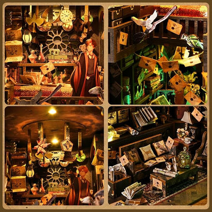 Book Nook Kit for Adults and Teens DIY 3D Wooden Puzzle Bookends, Miniature Dollhouse Kit Bookshelf Decoration, Magic Alley Model with LED Lights,The House of Magic