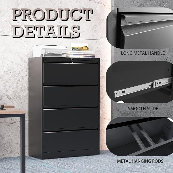 4 Drawer Lateral File Cabinet with Lock, Metal File Cabinet, Lateral File Cabinets for Home Office, Heavy Duty File Storage Cabinet for Legal/Letter/A4 Document, Assembly Required, Black