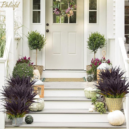 32 Pcs Artificial Grass Fake Grass Plants 17.3in Outdoor Plants UV Resistant Faux Greenery Stems for Home Window Garden Office Patio Pathway Front Porch Halloween Décor Light Green & Purple