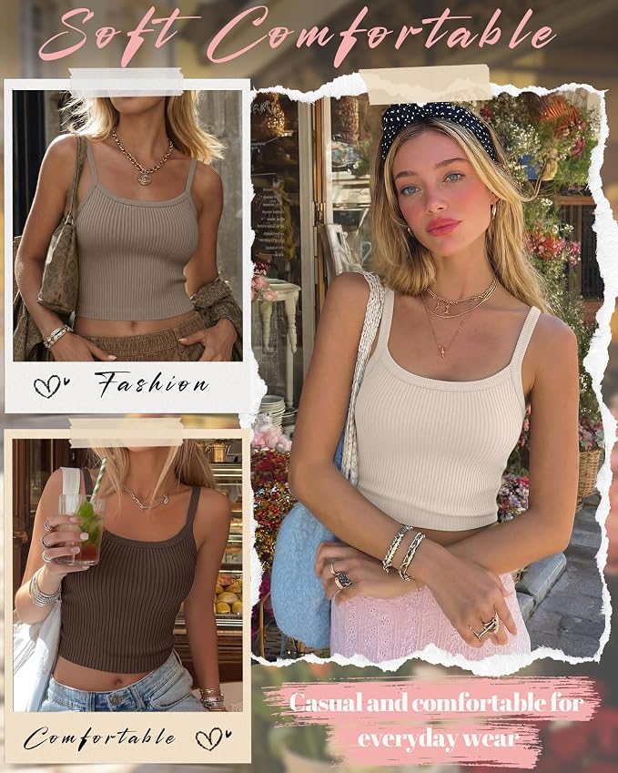 Ficerd 3 Pack Women's Tank Tops 95% Cotton Spaghetti Strap Ribbed Crop Camisole Slim Fitted Basic Summer Sleeveless Layer