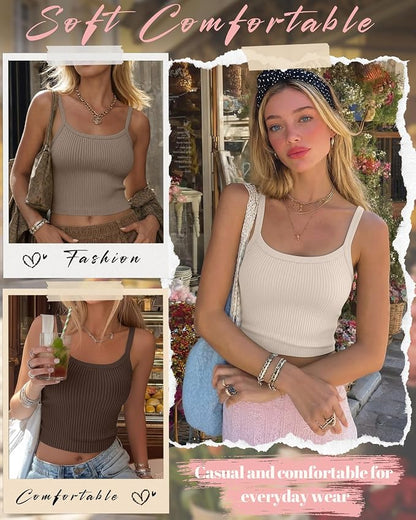 Ficerd 3 Pack Women's Tank Tops 95% Cotton Spaghetti Strap Ribbed Crop Camisole Slim Fitted Basic Summer Sleeveless Layer