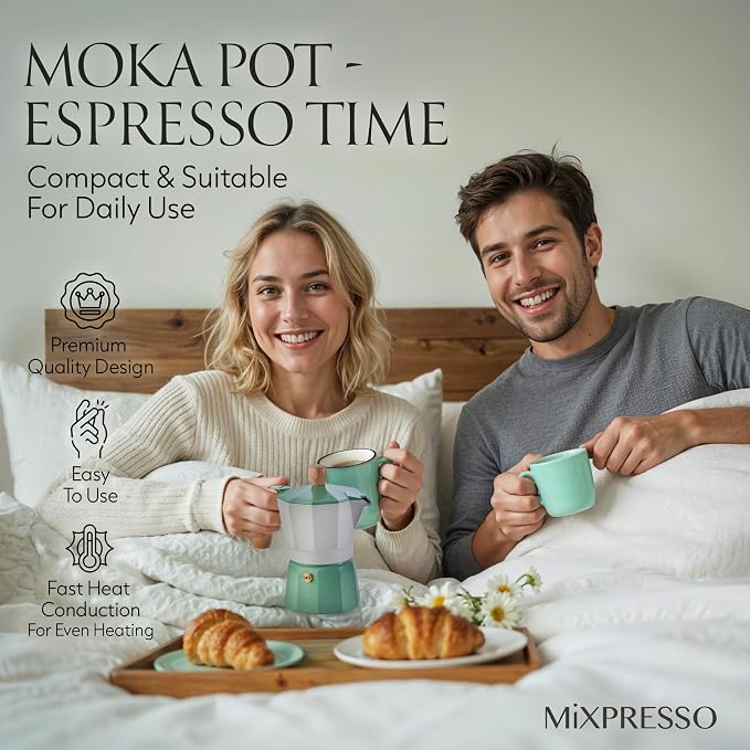 Mixpresso 3 Cup Moka Pot Stovetop Espresso Maker, Italian Cuban Coffee Pot | 5oz aluminum Italian coffee maker for gas and electric stovetops, small design for traditional espresso-style coffee at home