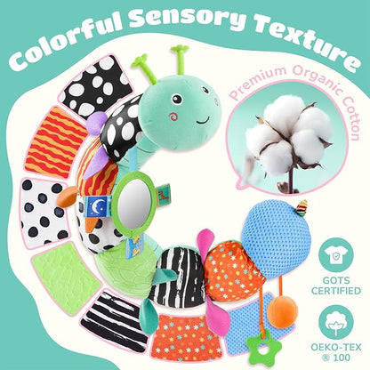 AWOTOY Baby Sensory Toys Music Caterpillar Plush Infant Toys 0 6 12 Months | Stuffed Animals Tummy Time Teething Toys with Mirror Pull String Rattle Baby Toys for Newborn Boy Girl Shower Birthday Gifts