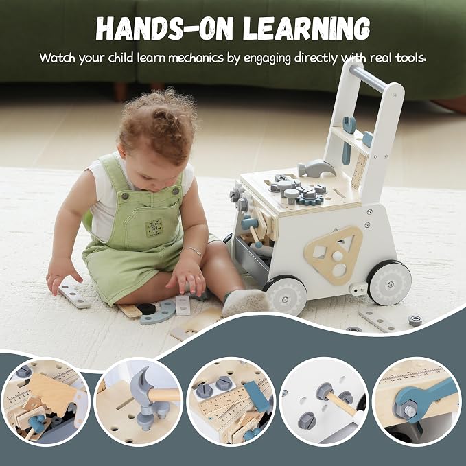 Wooden Baby Push Walker for Toddlers - Multifunctional Montessori Tool Bench Baby Walking Toy with Educational Activities, Ideal for Boys and Girls Aged 3 Years