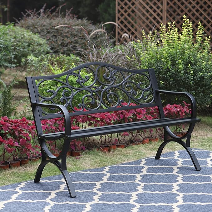 Sophia & William 50" Outdoor Garden Bench Patio Park Bench, Cast Iron Metal Frame Furniture with Floral Design Backrest for Porch Yard Lawn Deck, Black