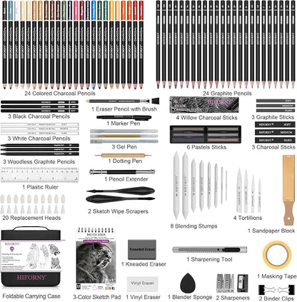 HIFORNY 126 PCS Drawing Kit Sketching Pencil Set,Sketch Pencils Art Supplies with 3-Color Sketchbook,Graphite,Charcoal,Blending Tools,Drawing Pencils for Adults Artists in Zipper Case