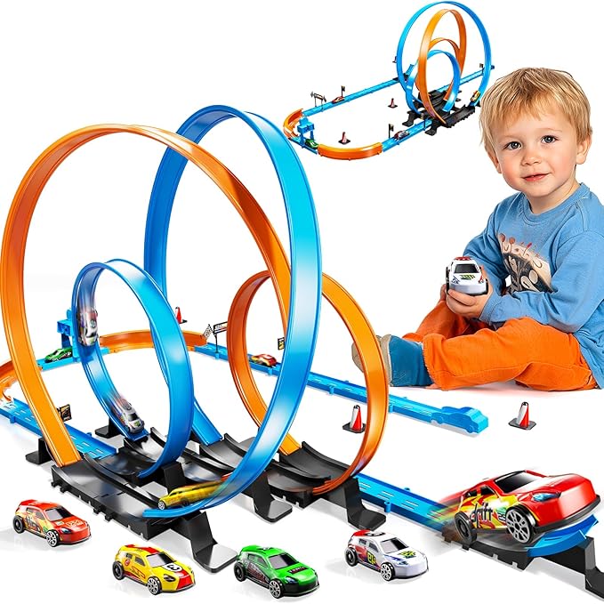 LILYBUDS Toy Car Race Track Set for Boys Kids Age 3-5 4-7, Race Tracks with 4 High-Speed Pull Back Race Cars and Crash Zones, Christmas Halloween Birthdays Gifts Toys for Boys Kids 4-6 8-12 Years Old