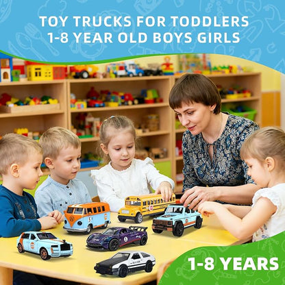 1:32 Alloy Pull Back Truck Toys for Kids, 6 Pack Die Cast Car Set with Road Map, Traffic Signs & Light, Toy Vehicle Playset, Birthday for Boys Girls Ages 3-8
