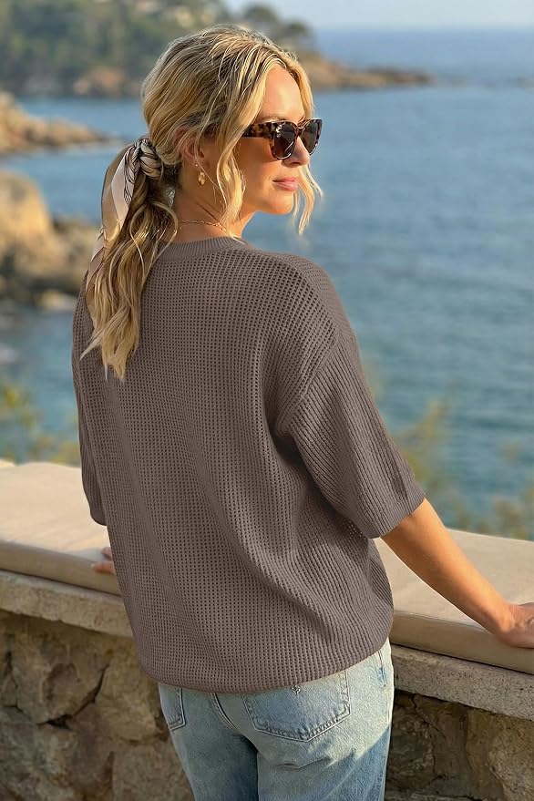 Arach&Cloz Womens Summer 100% Cotton Oversized Crochet Tops 3/4 Length Sleeve Sweater Hollow Out Casual Blouses 2026