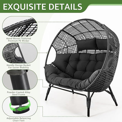 NICESOUL® Double Egg Chair Indoor Outdoor Stationary Oversized 6.5" Thick Padded Cushions,2 Person Egg Wicker Loveseat Chair,680 lbs Extra Large Lounge Chair for Patio Balcony Porch Backyard Gray