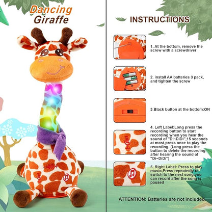Dancing Talking Giraffe Toy for Baby Toddler, Dancing Giraffe Toy Singing Mimicking Recording Repeating What You Say with LED English Sing for Boys Girls Gift, 15 Second Recorde(Adjustable Volume)