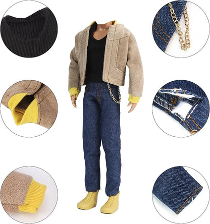 E-TING 10 Sets Casual Varsity Jacket Set= 5 Sets Casual Outfit for 12″ Boy Doll with 5 Pairs Shoes (Vintage Lightweight Suede Bomber Jackets+ Casual Wear Clothes )
