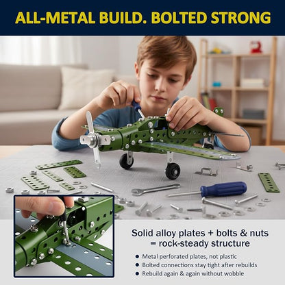 Metal Model Airplane Building Toys for Boys & Girls Ages 8-16, 285 Pieces DIY STEM Construction Kits, Educational Engineering Science Plane Set, Vintage Aircraft Vehicle Gift for Kids & Adults