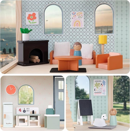 PairPear 56 Pcs Wooden Dollhouse Furniture with Family Dolls, Solid Wood Large Dollhouse Accessories for Toddlers 3 4 5 6, Pretend Play Furniture Toys Gift for Birthday and Christmas