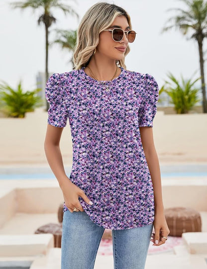 Ivicoer Puff Short Sleeve Shirt for Women Eyelet Tops Summer Crewneck Blouse Loose Fit S-XXL