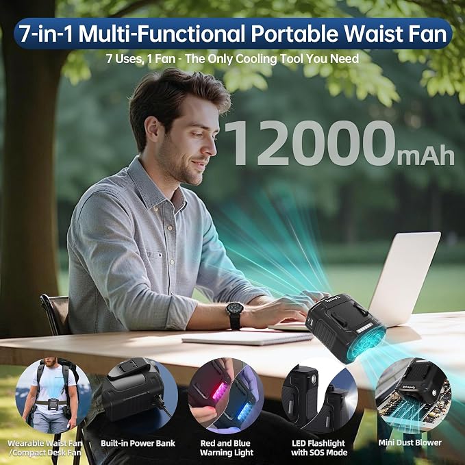 Waist Fan, Dual Motor Belt Fan, 12000mAh Rechargeable Cooler, 75ft/s Turbo Airflow, 17000RPM 5-Speed, Up to 24H Runtime, LED SOS & Red-Blue Warning Light for Jobsite, Farm, Delivery