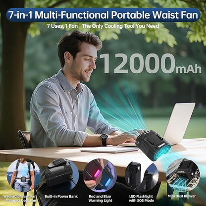 Waist Fan, Dual Motor Belt Fan, 12000mAh Rechargeable Cooler, 75ft/s Turbo Airflow, 17000RPM 5-Speed, Up to 24H Runtime, LED SOS & Red-Blue Warning Light for Jobsite, Farm, Delivery
