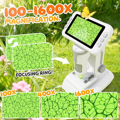 1600X Microscope for Kids, 1080P 4.0" Digital Screen Kids Microscopes with Slides Kit, Educational Science Toys for Christmas Birthday Gifts for 3-14 Year Old Children Students
