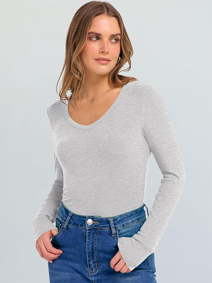 ANRABESS Long Sleeve V Neck Shirts for Women | Soft Comfy Ribbed Knit Fitted Tshirts, Casual Going Out Tops, 2026 Trendy Basic, Fall Winter Underscrub Layering Clothes