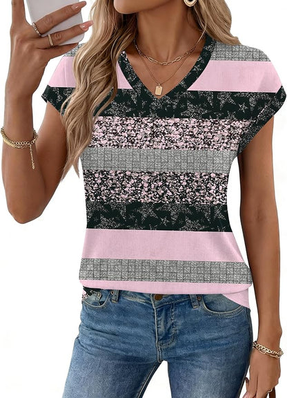 Rapbin Womens Summer Tops Women Blouses Dressy Casual V Neck T Shirts Short Sleeve Spring Tops for Women
