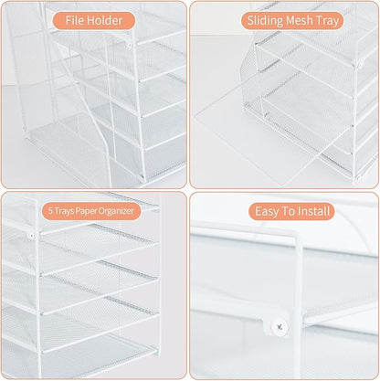 LEKETREE Desk Organizers and Accessories, 5-Tier Paper Letter Tray Organizer with File Holder, Desktop Organizer for Office Supplies (White)