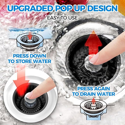 zaa 3 in 1 Kitchen Sink Drain Strainer Stopper Removable Basket Pop-Up | Kitchen Sink Accessories 2 Pack Black Stainless - Food Catcher, Odor-Blocking Seal, Fits 3.5" Drain, Easy Clean
