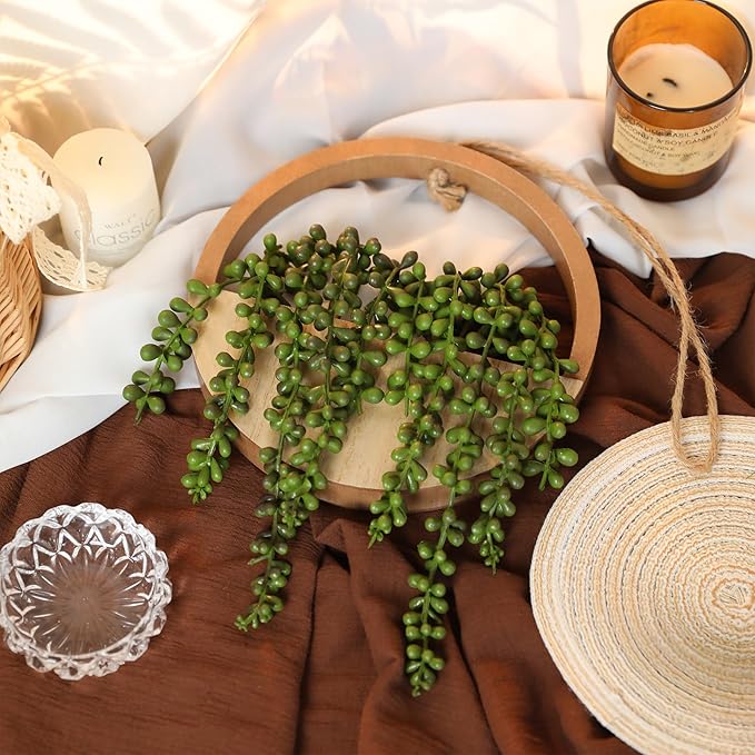 Floweroyal 2pcs Artificial Succulents Hanging Plants 12.2'' Fake String of Pearls in Pot with 8.3'' Lanyard for Indoor Outdoor Wall Decor（Wood Color）.