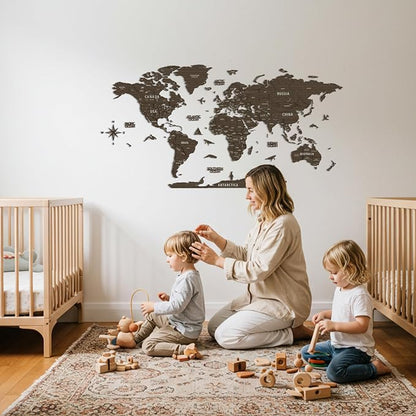 Colorfull Worlds, Multilayer 3D Wooden World Map, Travel Map States and Capitals, Wall Decor For New House, Gift For Travelers, Office Decor, Educational Activity for Children (M, Betül)