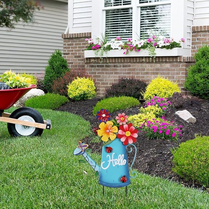 hogardeck Garden Decor for Outside, Metal Watering Can Decorative Garden Stakes with Flowers, Yard Art Welcome Spring Signs for Outdoor Lawn Backyard Porch Patio Garden Decorations