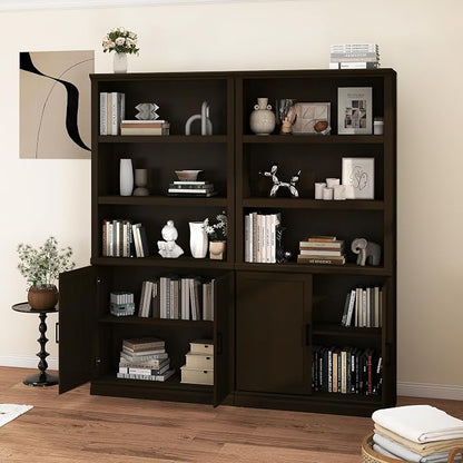 blini 5 Shelf Tall Bookcase with Doors Cherry Wood Bookshelf 31in Wide Display Standing Storage Shelf 72in Tall Wood Book Shelves for Bedroom Living Room Office Library