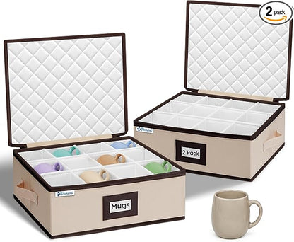 punemi Mug Storage Organizer, 2-Pack Hard Shell Boxes for Packing & Moving | Padded dividers, stackable design and carry handles for coffee mugs, tea cups and china storage, beige