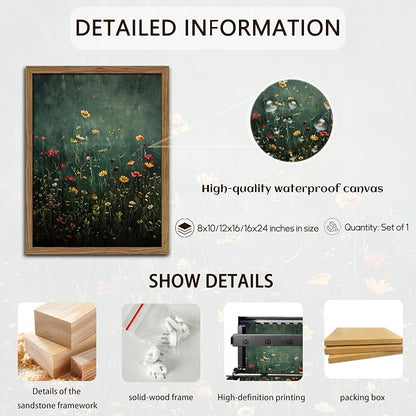 Wildflower Field Framed Wall Art, Vintage Botanical Flower Wall Decor, Modern Farmhouse Floral Canvas Art, Green Field Landscape Pictures Artwork for Living Room Bedroom – 12x16 inch