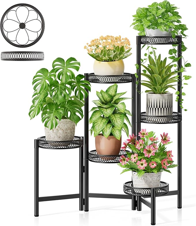 6 Tier Large Plant Stand Indoor with 7.9-Inch Wide Drainage Tray, Tiered Corner Metal Outdoor Flower Display Holder Shelf, Folding Tall Rack for House Patio Porch Balcony Graden - BlackFlower